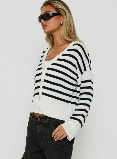 Karlson Gestreifte Strickjacke Creme / Schwarz