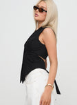 side view of model wearing Princess Polly Campus Long Line Vest Black Sleeveless V-Neck 