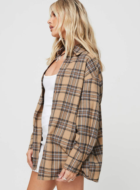 product Princess Polly Full Sleeves Square Neck  Tollen Shirt Beige Check