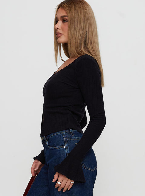 side view of model wearing Princess Polly Take My Time Long Sleeve Top Black Full Sleeves V-Neck 