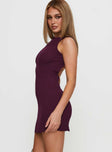 side view of model wearing Princess Polly Mayok Mini Dress Plum Crew Neck 