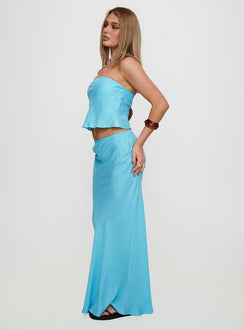   side view of model wearing Princess Polly Lucelia Maxi Skirt Aqua Maxi 