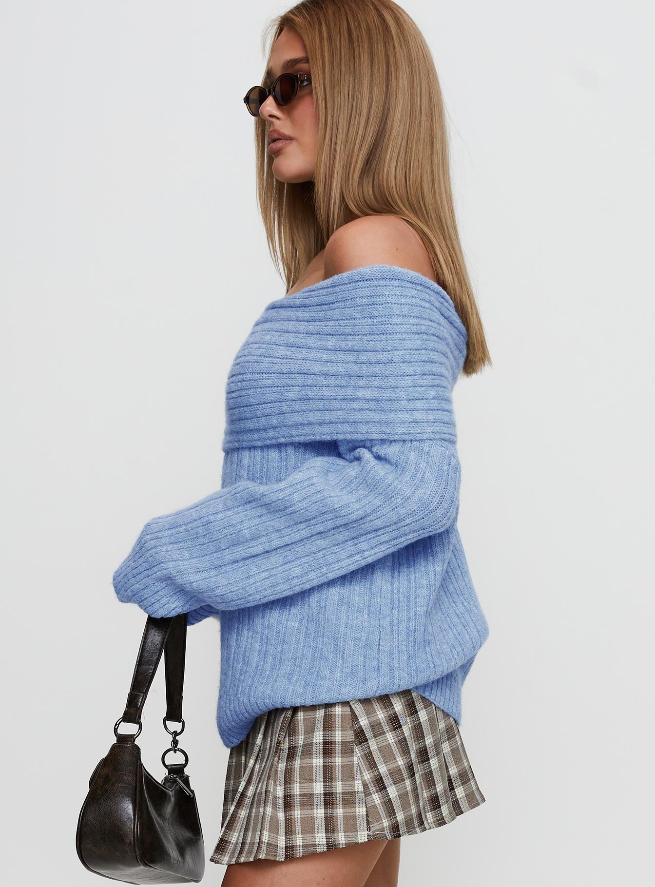 side view of model wearing Princess Polly Snowie Off Shoulder Knit Sweater Blue 