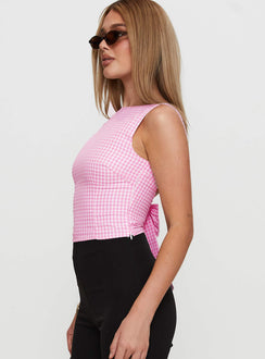 side view of model wearing Princess Polly Monterrey Backless Bow Detail Top Pink Gingham Sleeveless Boat Neck 