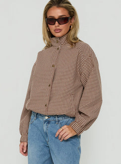 Khodana Button-Down Jacke mit Trichterkragen aus Mikro-Braunkaro