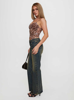 side view of model wearing Princess Polly Inverness Pinched Detail Wide Leg Jean Tea Mid Rise 