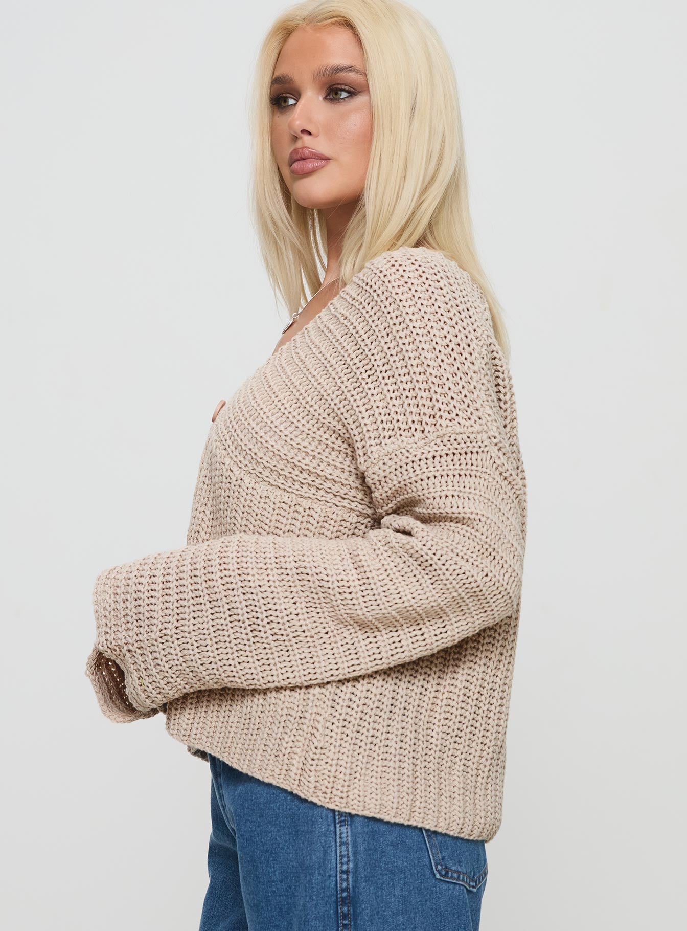 side view of model wearing Princess Polly Maela Knit Cardigan Mocha Cropped 