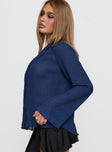 side view of model wearing Princess Polly Selma Shirt Navy Full Sleeves V-Neck 