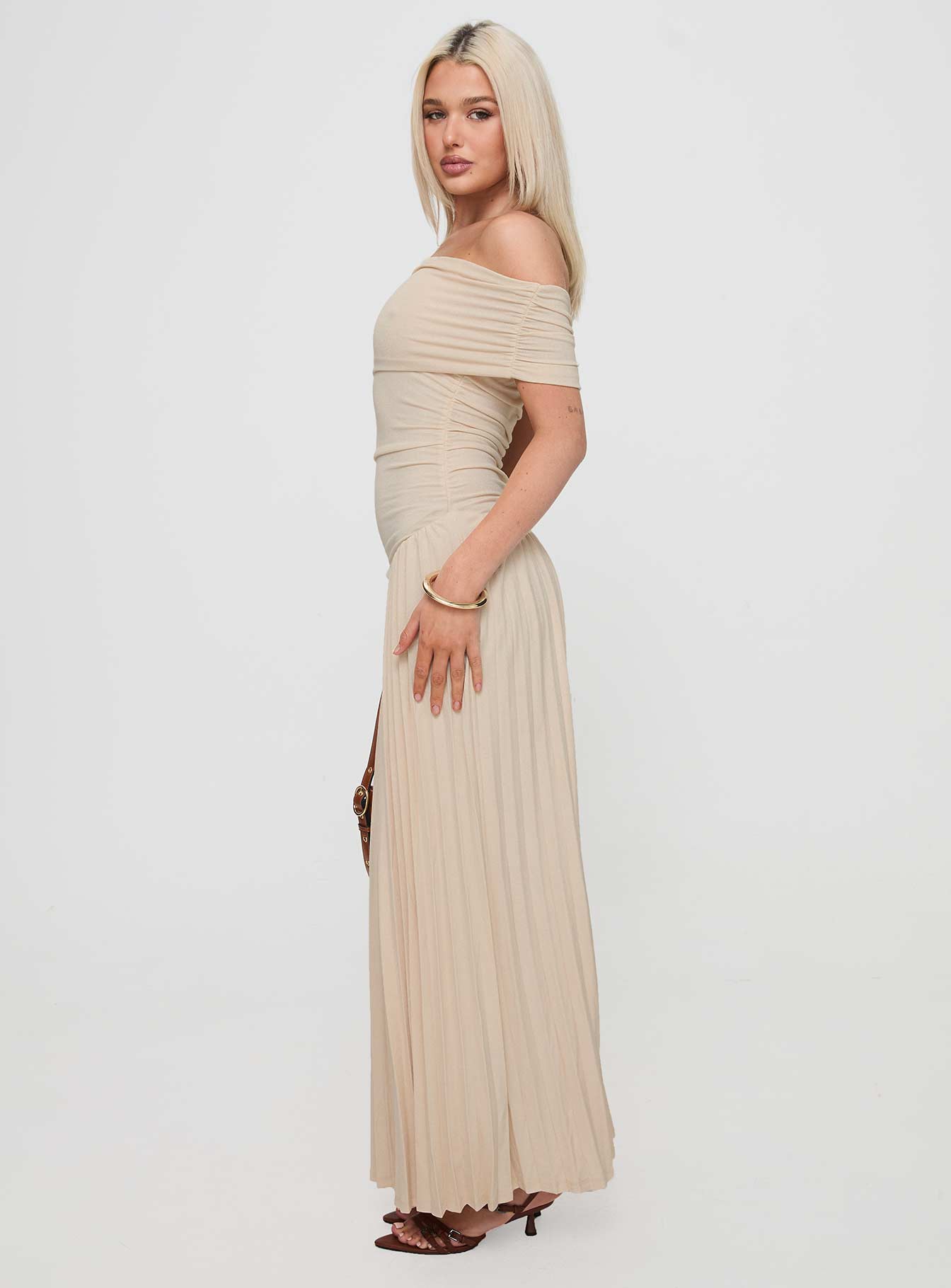 side view of model wearing Princess Polly Field Of Dreams Maxi Dress Oatmeal Straight Neck 