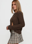 side view of model wearing Princess Polly Lenker Knit Sweater Brown Cropped 