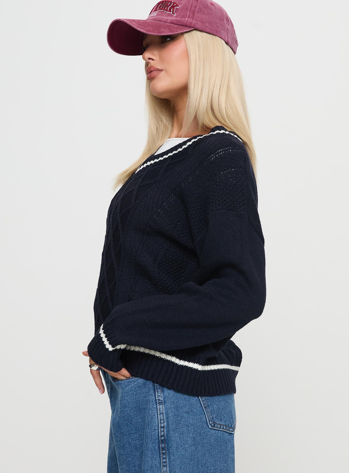 side view of model wearing Princess Polly Covina V Neck Knit Sweater Navy 