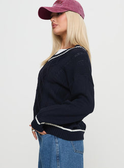 side view of model wearing Princess Polly Covina V Neck Knit Sweater Navy 