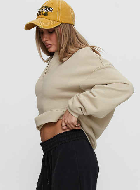 side view of model wearing Princess Polly Back Around Collared Fleece Jumper Oat Long 