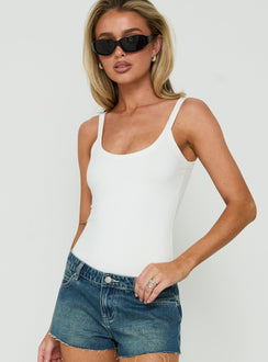 Designed with Daily Define Kasper Bodysuit White womens-bodysuit in sleeveless silhouette detail view of model wearing Princess Polly