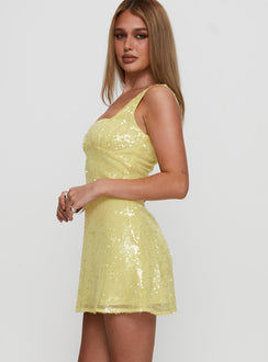 side view of model wearing Princess Polly Dasha Mini Dress Yellow Sequin Square Neck 