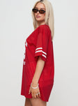 side view of model wearing Princess Polly Michail Jersey Mini Dress Red V-Neck 