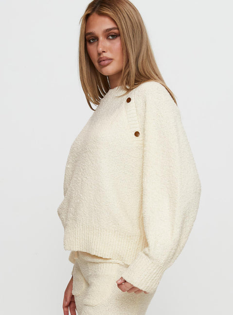 side view of model wearing Princess Polly Susi Fluffy Knit Sweater Ivory cropped 