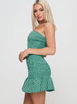 side view of model wearing Princess Polly Porschia Strapless Mini Dress Green Check Straight Neck 