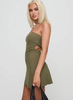 side view of model wearing Princess Polly Yahir Mini Dress Sage Straight Neck 