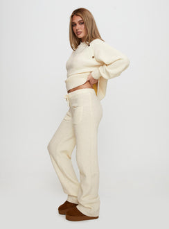 side view of model wearing Princess Polly Susi Fluffy Knit Pant Ivory High Waisted Pants 