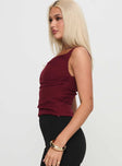 side view of model wearing Princess Polly Lallina Top Burgundy Sleeveless Cowl 