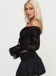 side view of model wearing Princess Polly Dance For Me Off Shoulder Lace Top Black Full Sleeves straight 