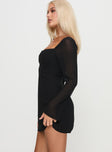 side view of model wearing Princess Polly Monologue Long Sleeve Mini Dress Black Plunger 