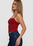 side view of model wearing Princess Polly Evanda Top Burgundy Sleeveless Sweetheart 