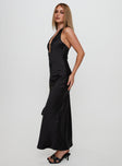 side view of model wearing Princess Polly Vasilisa Halter Neck Maxi Dress Black Plunger 