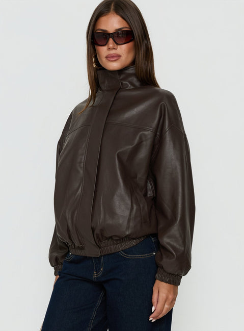 Dialtone Funnel Neck Faux Leather Jacket Washed Brown