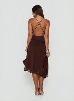 Emeliah Asymmetrical Plunge Midi Dress Brown