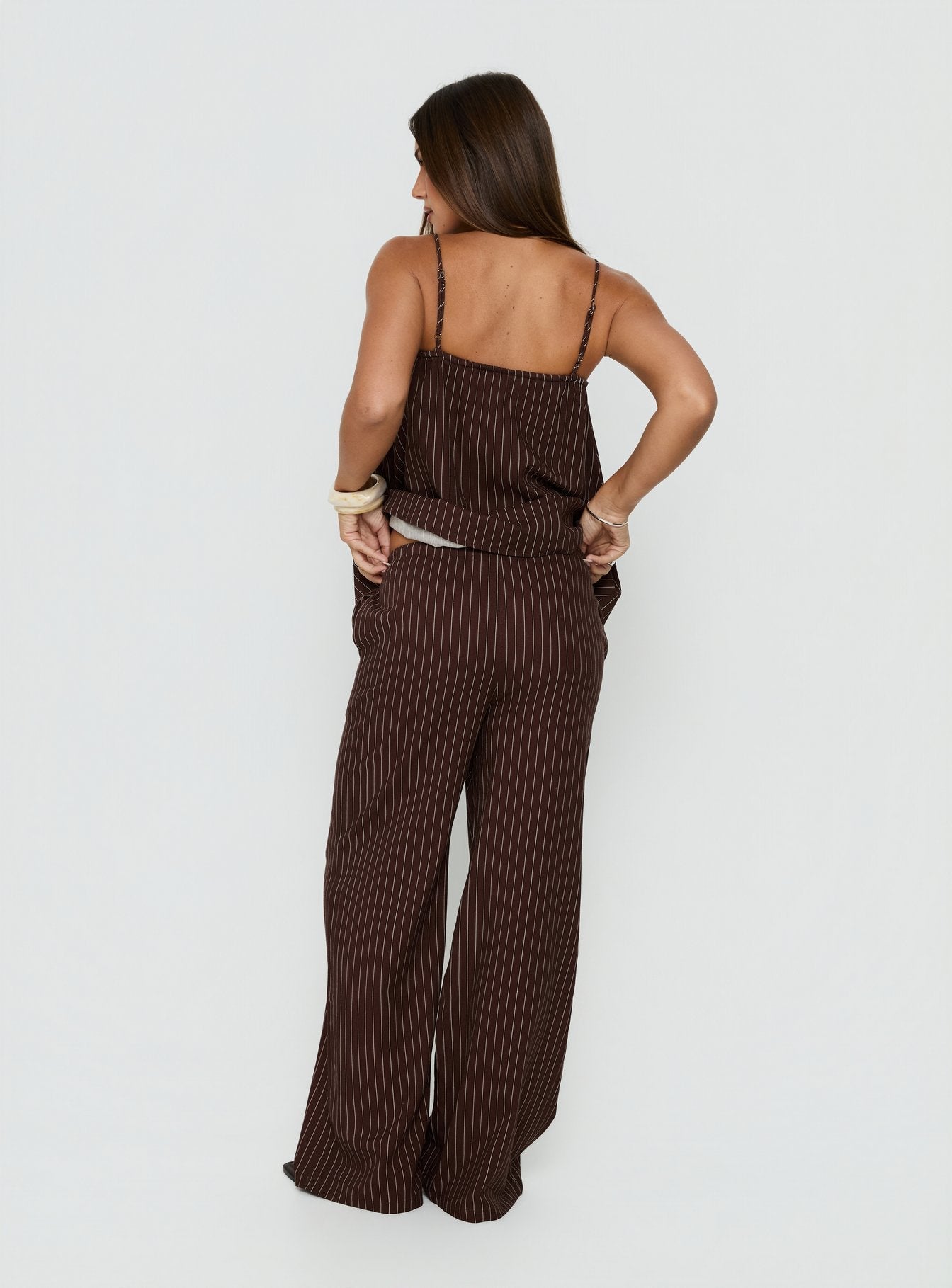 Presenting Amibella Mid Rise Wide Leg Pants Brown / Cream Stripe womens-regular-pants mid-rise back view of model wearing