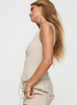 side view of model wearing Princess Polly Zenda Linen Blend Top Beige Sleeveless Square Neck 