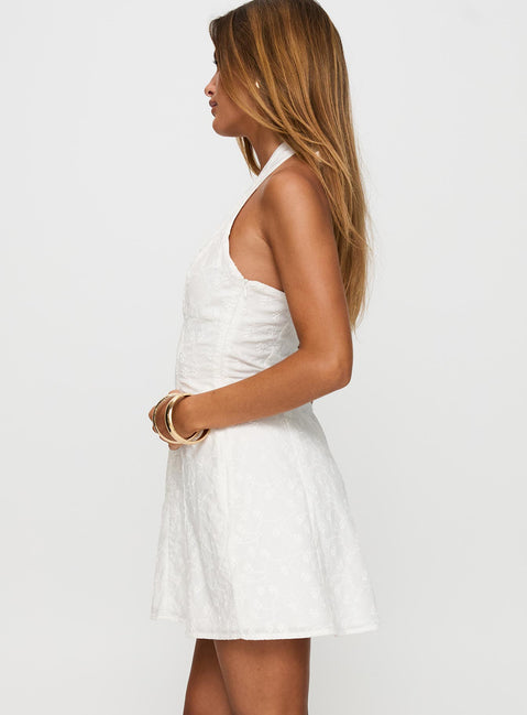 side view of model wearing Princess Polly Lovelia Halter Embroidered Mini Dress White V-Neck 