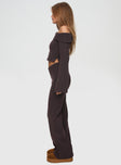 side view of model wearing Princess Polly Try Me Knit Pants Chocolate Tall High Waisted Pants 