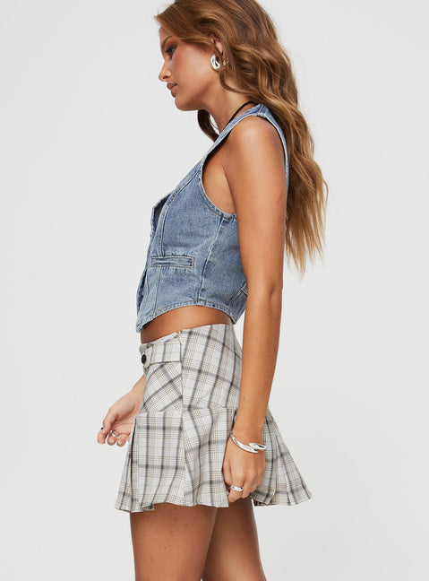   side view of model wearing Princess Polly Santaigo Pleat Mini Skirt Neutral Check Mini Skirts 