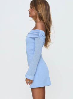 side view of model wearing Princess Polly Stellaire Long Sleeve Mini Dress Blue Straight Neck 