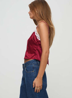 side view of model wearing Princess Polly See It Through Top Red Sleeveless Sweetheart 