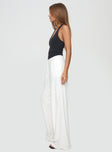 White Linen pants button fastening, subtle pleats at waist, twin hip pockets, wide leg