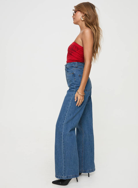 side view of model wearing Princess Polly Zephee Wide Leg Jeans Light Wash High Waisted 