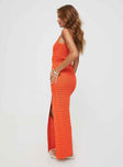 side view of model wearing Princess Polly Lysandre Crochet Maxi Dress Orange Plunger 