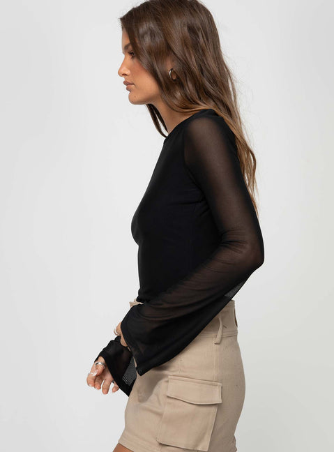 side view of model wearing Princess Polly Lukea Long Sleeve Bodysuit Black Full Sleeves 