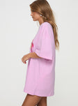 side view of model wearing Princess Polly Hibiscus Haven Oversized Tee Pink Half Sleeves Crew Neck 