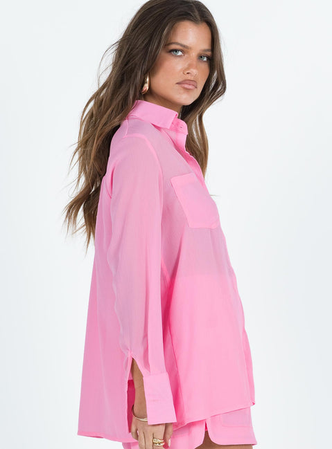 Pink matching set Long sleeve shirt Classic collar Button fastening at front Single chest pocket Shorts Thick elasticated waistband Twin hip pockets