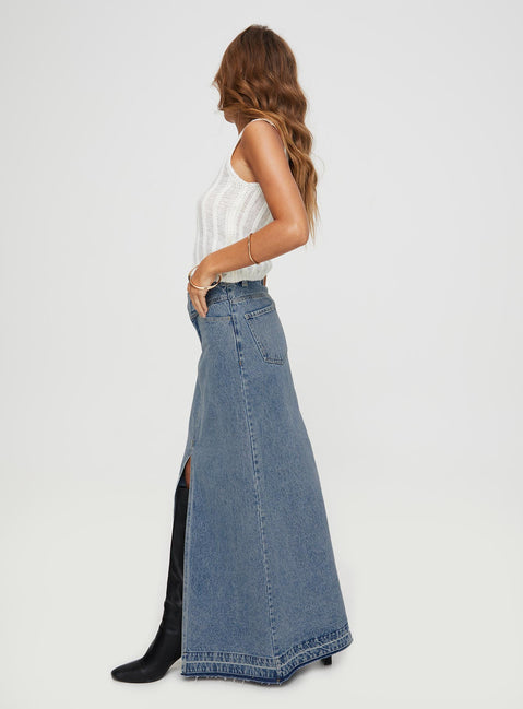 back view of model wearing Princess Polly Deneuve Denim Maxi Skirt Mid Wash Maxi 