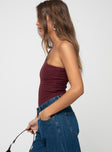 side view of model wearing Princess Polly Rueful Bodysuit Burgundy Sleeveless Asymmetric Neckline 