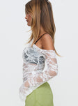 side view of model wearing Princess Polly How Ironic One Shoulder Lace Top Cream Full Sleeves Asymmetric Neckline 