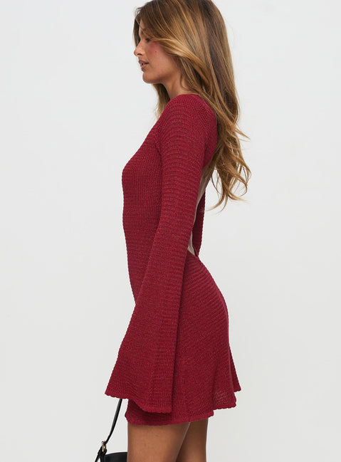 side view of model wearing Princess Polly Rhapsody Long Sleeve Knit Mini Dress Red Crew Neck 