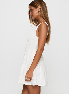side view of model wearing Princess Polly You Can Embroidered Mini Dress White Square Neck 
