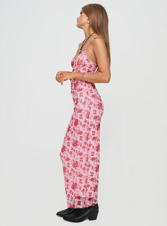 side view of model wearing Princess Polly Cotter Maxi Dress Pink / Floral Sweetheart Neckline 